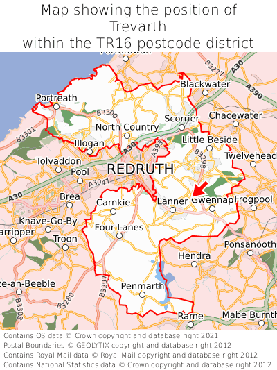 Map showing location of Trevarth within TR16
