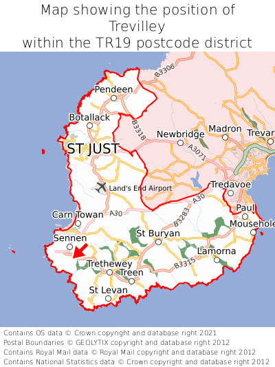Map showing location of Trevilley within TR19
