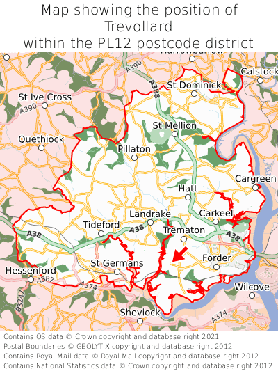 Map showing location of Trevollard within PL12