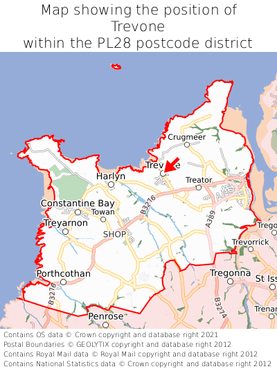 Map showing location of Trevone within PL28