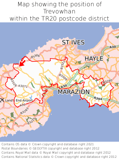 Map showing location of Trevowhan within TR20