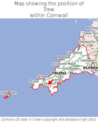 Map showing location of Trew within Cornwall
