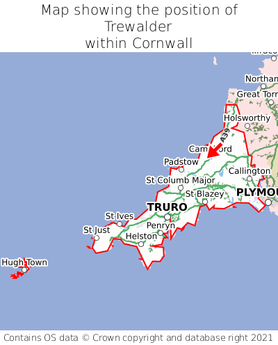 Map showing location of Trewalder within Cornwall