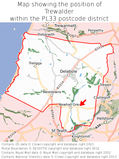 Map showing location of Trewalder within PL33