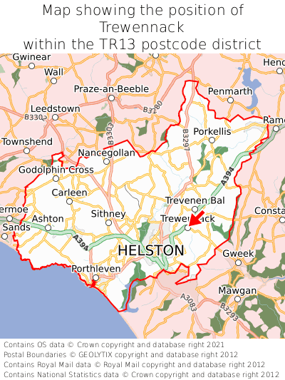 Map showing location of Trewennack within TR13