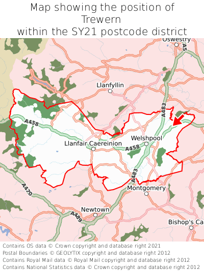 Map showing location of Trewern within SY21