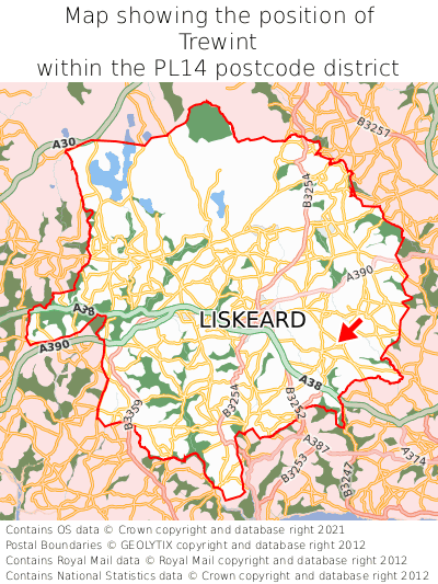 Map showing location of Trewint within PL14