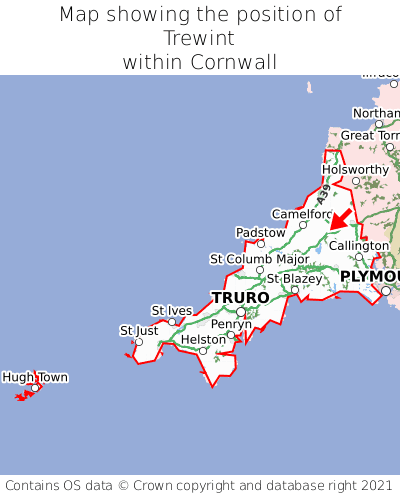 Map showing location of Trewint within Cornwall
