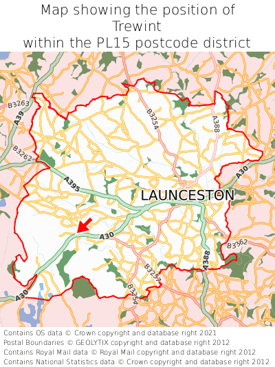 Map showing location of Trewint within PL15