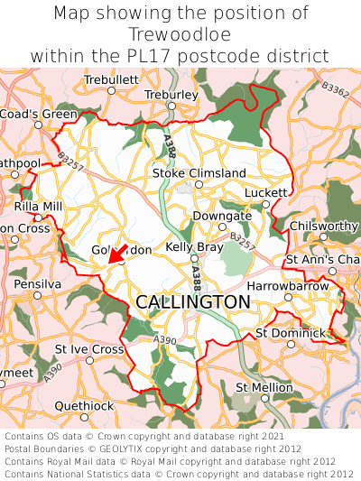 Map showing location of Trewoodloe within PL17