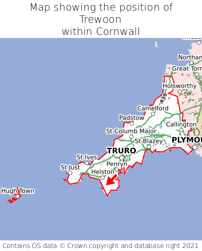 Map showing location of Trewoon within Cornwall