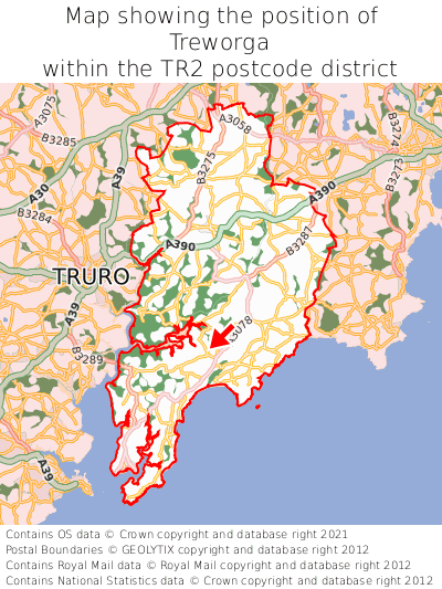 Map showing location of Treworga within TR2