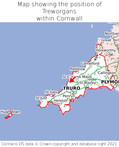 Map showing location of Treworgans within Cornwall