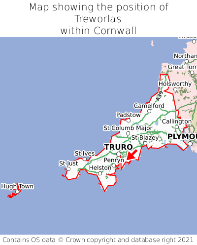 Map showing location of Treworlas within Cornwall