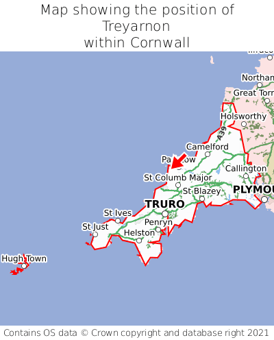 Map showing location of Treyarnon within Cornwall
