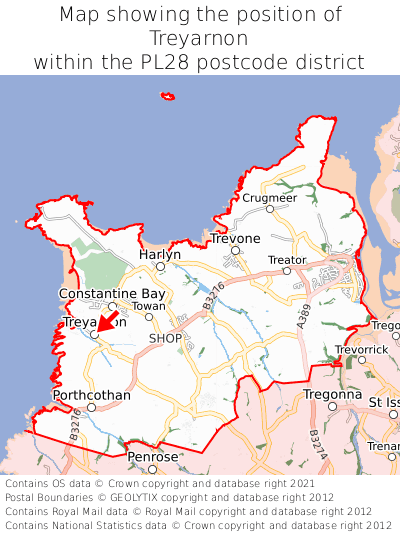 Map showing location of Treyarnon within PL28