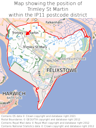 Map showing location of Trimley St Martin within IP11