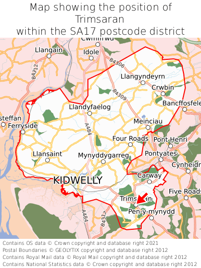 Map showing location of Trimsaran within SA17