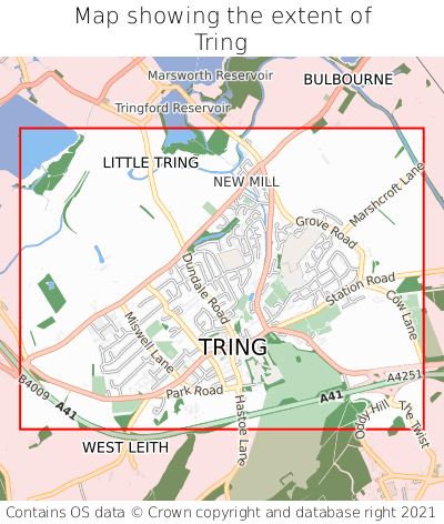 Map showing extent of Tring as bounding box