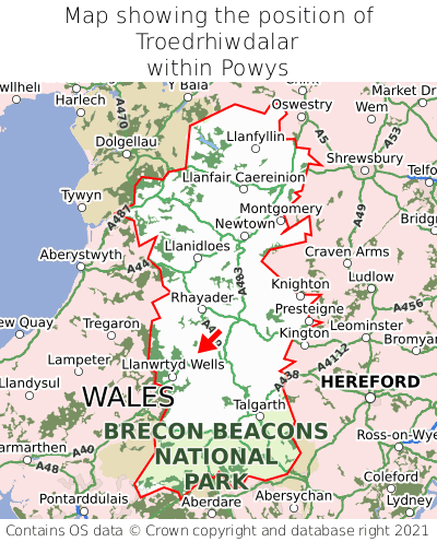 Map showing location of Troedrhiwdalar within Powys
