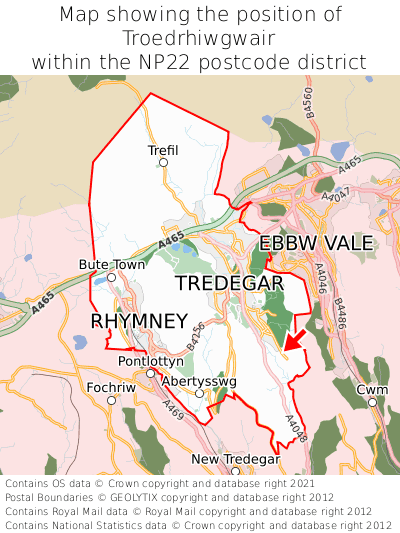 Map showing location of Troedrhiwgwair within NP22