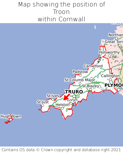Map showing location of Troon within Cornwall