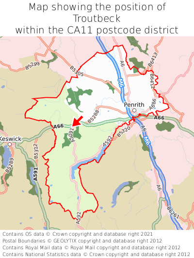 Map showing location of Troutbeck within CA11