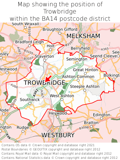 Map showing location of Trowbridge within BA14