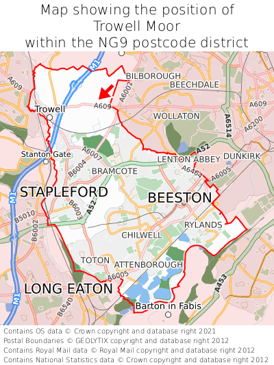Map showing location of Trowell Moor within NG9