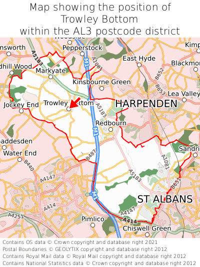 Map showing location of Trowley Bottom within AL3