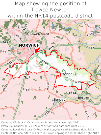 Map showing location of Trowse Newton within NR14