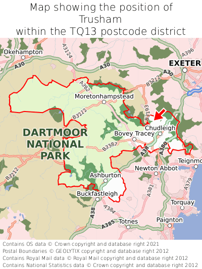 Map showing location of Trusham within TQ13