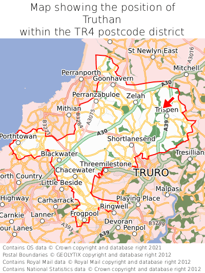 Map showing location of Truthan within TR4