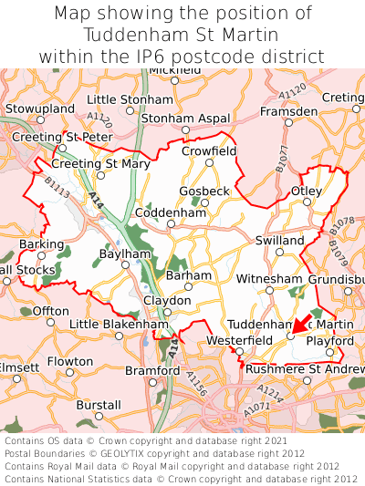 Map showing location of Tuddenham St Martin within IP6
