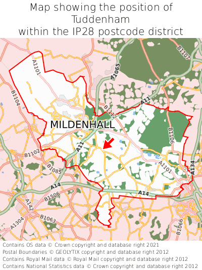 Map showing location of Tuddenham within IP28