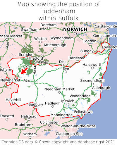Map showing location of Tuddenham within Suffolk