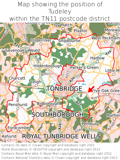 Map showing location of Tudeley within TN11