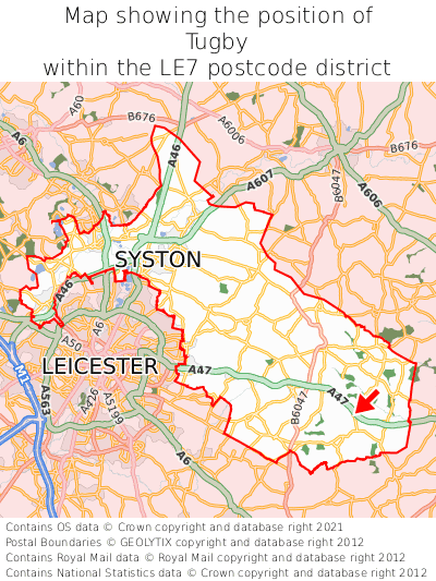 Map showing location of Tugby within LE7