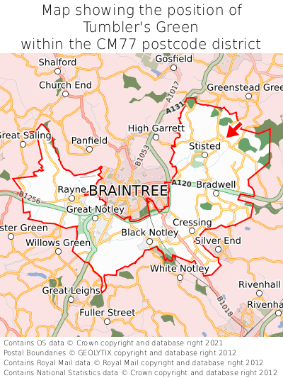 Map showing location of Tumbler's Green within CM77