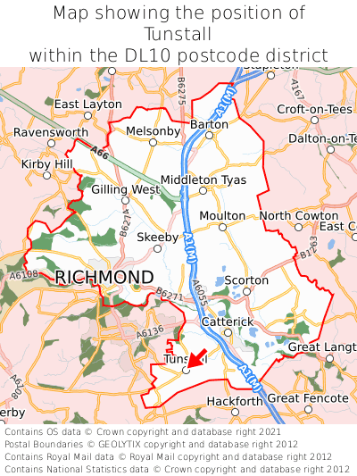 Map showing location of Tunstall within DL10