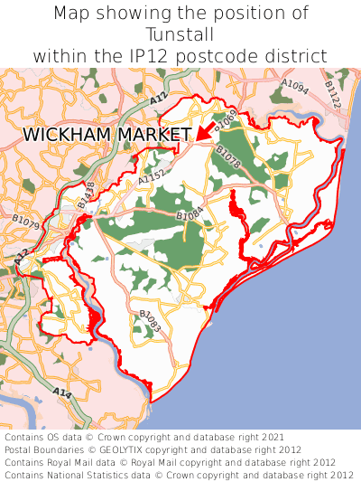 Map showing location of Tunstall within IP12