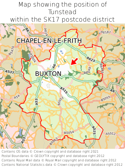 Map showing location of Tunstead within SK17