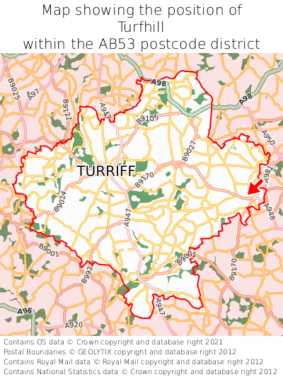 Map showing location of Turfhill within AB53