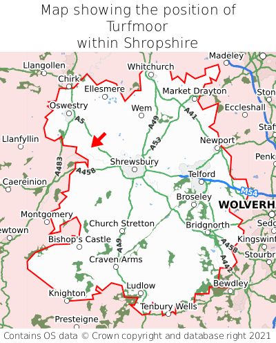 Map showing location of Turfmoor within Shropshire