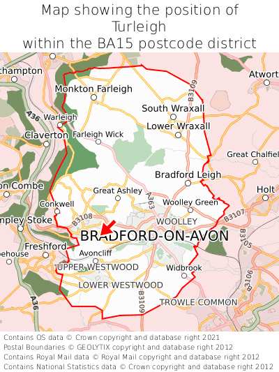 Map showing location of Turleigh within BA15