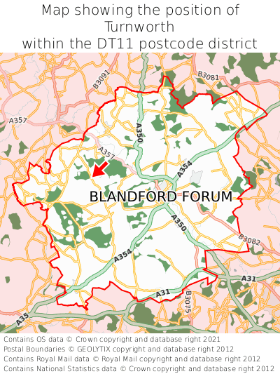 Map showing location of Turnworth within DT11