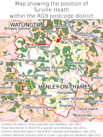 Map showing location of Turville Heath within RG9