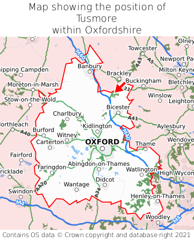 Map showing location of Tusmore within Oxfordshire
