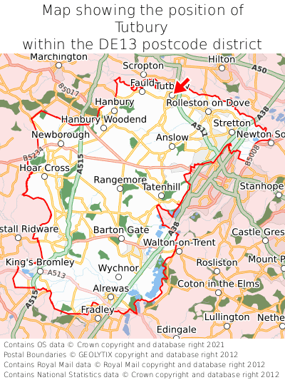 Map showing location of Tutbury within DE13