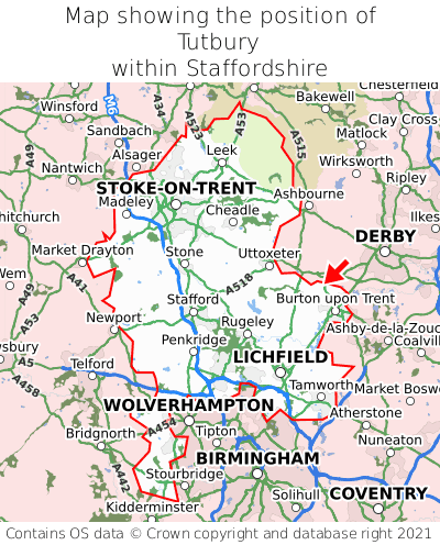 Map showing location of Tutbury within Staffordshire